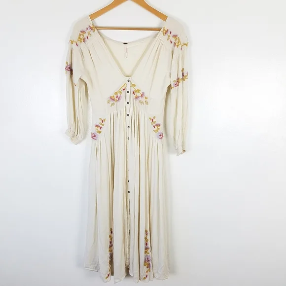 Free People Fay Glow Embroidered Boho Peasant Midi Dress in Cream Size Small - Picture 3 of 14
